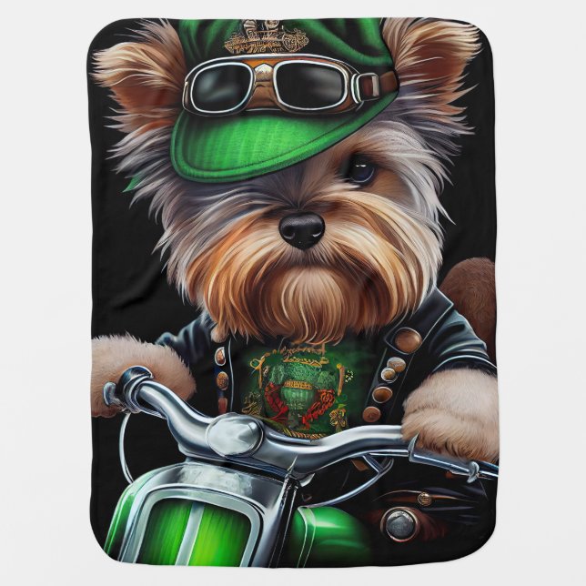 Biewer Terrier Dog Driving Bike St. Patrick's Day Baby Blanket (Front)
