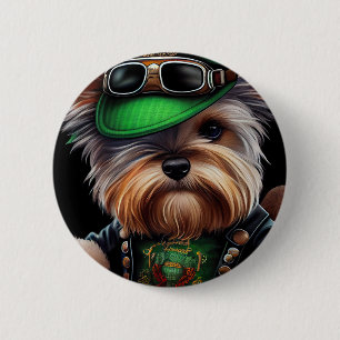 Biewer Terrier Dog Driving Bike St. Patrick's Day Button