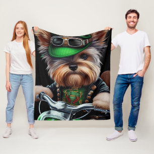 Biewer Terrier Dog Driving Bike St. Patrick's Day Fleece Blanket