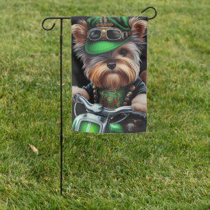 Biewer Terrier Dog Driving Bike St. Patrick's Day Garden Flag