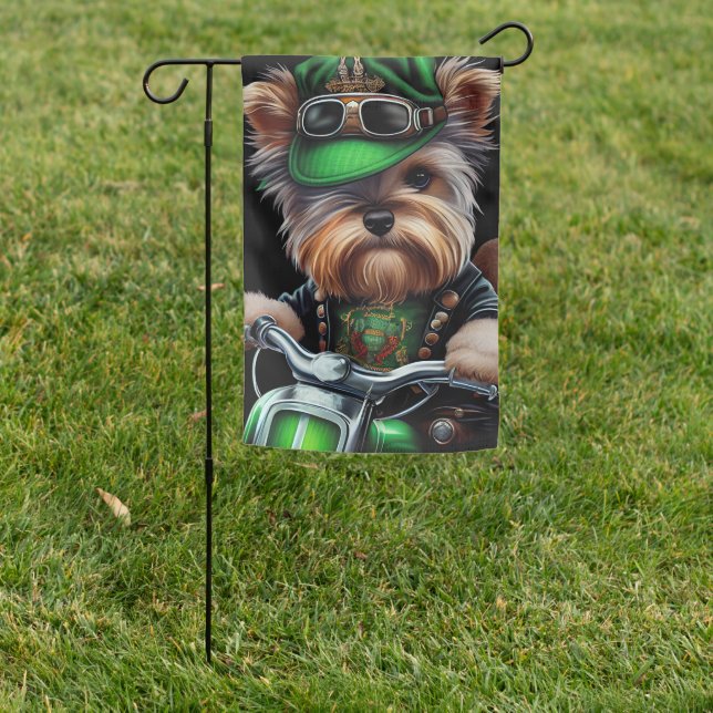 Biewer Terrier Dog Driving Bike St. Patrick's Day Garden Flag (In SItu)