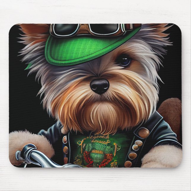 Biewer Terrier Dog Driving Bike St. Patrick's Day Mouse Pad (Front)