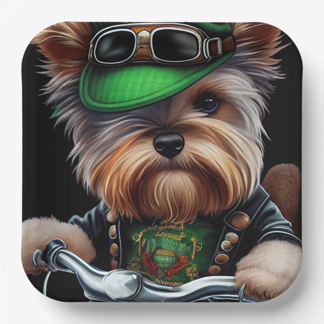 Biewer Terrier Dog Driving Bike St. Patrick's Day  Paper Plates (Front)