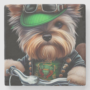 Biewer Terrier Dog Driving Bike St. Patrick's Day Stone Coaster