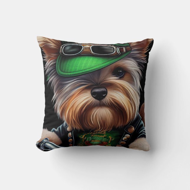Biewer Terrier Dog Driving Bike St. Patrick's Day Throw Pillow (Front)