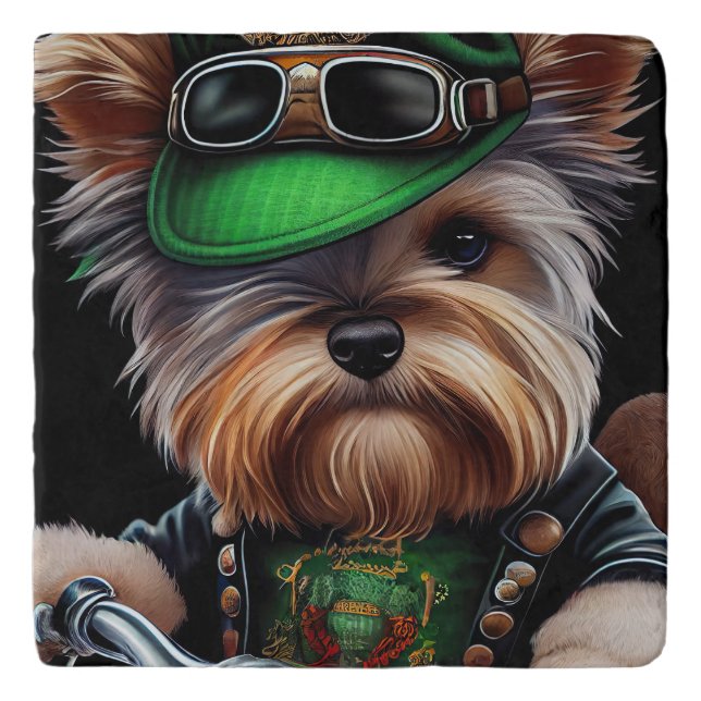 Biewer Terrier Dog Driving Bike St. Patrick's Day Trivet (Front)