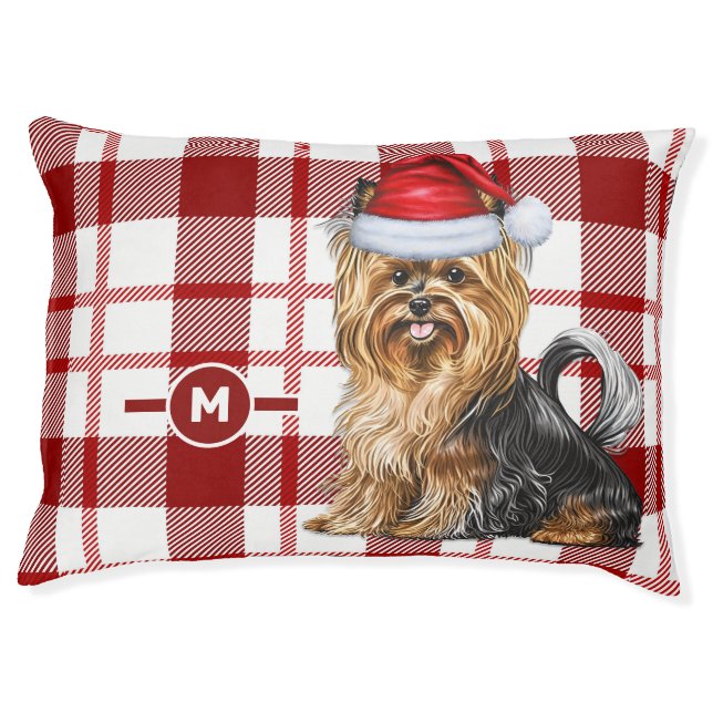 Biewer Terrier Dog Holiday Plaid Monogrammed Dog Pet Bed (Front)