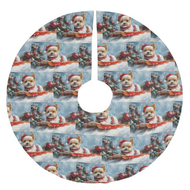 Biewer Terrier Dog in Sledge Let it Snow Christmas Brushed Polyester Tree Skirt (Front)