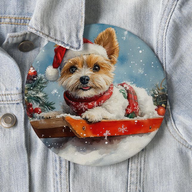Biewer Terrier Dog in Sledge Let it Snow Christmas Button (In Situ)