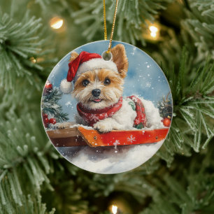 Biewer Terrier Dog in Sledge Let it Snow Christmas Ceramic Ornament