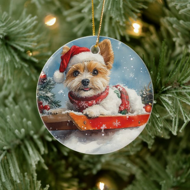 Biewer Terrier Dog in Sledge Let it Snow Christmas Ceramic Ornament (Tree)