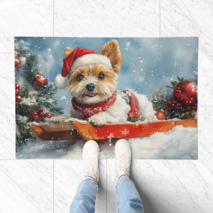 Biewer Terrier Dog in Sledge Let it Snow Christmas Doormat