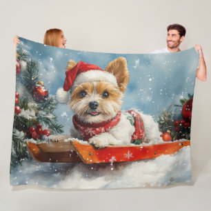 Biewer Terrier Dog in Sledge Let it Snow Christmas Fleece Blanket