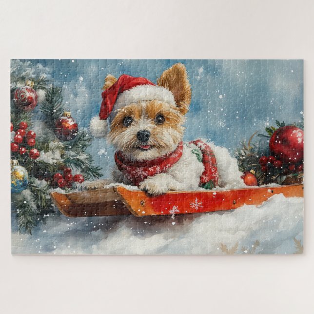 Biewer Terrier Dog in Sledge Let it Snow Christmas Jigsaw Puzzle (Horizontal)