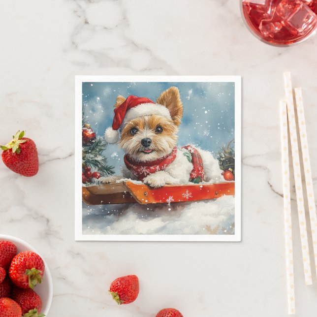 Biewer Terrier Dog in Sledge Let it Snow Christmas Napkins (Insitu)