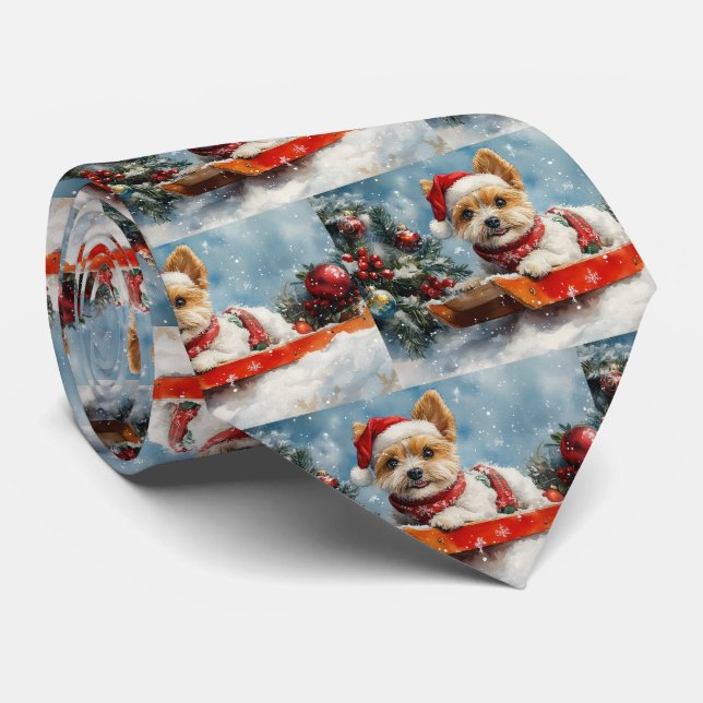 Biewer Terrier Dog in Sledge Let it Snow Christmas Neck Tie (Rolled)