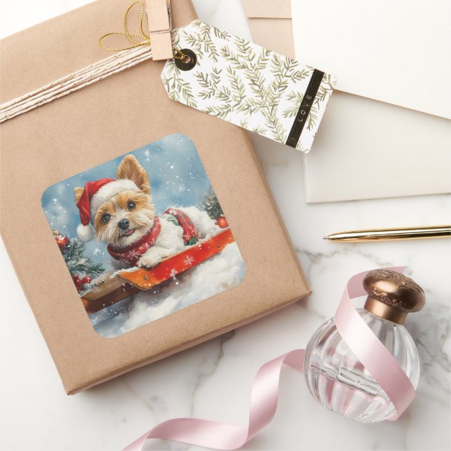 Biewer Terrier Dog in Sledge Let it Snow Christmas Square Sticker (Gifting)