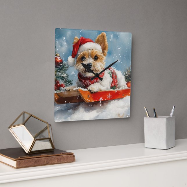 Biewer Terrier Dog in Sledge Let it Snow Christmas Square Wall Clock (Office)