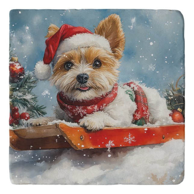 Biewer Terrier Dog in Sledge Let it Snow Christmas Trivet (Front)