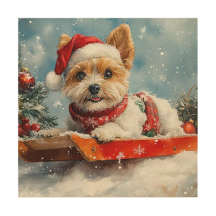 Biewer Terrier Dog in Sledge Let it Snow Christmas Wood Wall Art