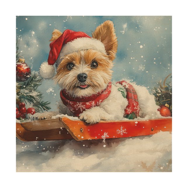 Biewer Terrier Dog in Sledge Let it Snow Christmas Wood Wall Art (Front)