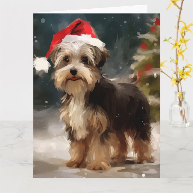 Biewer Terrier Dog in Snow Christmas  Card (Yellow Flower)