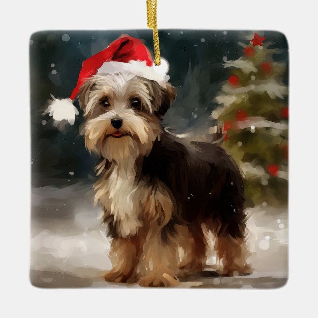 Biewer Terrier Dog in Snow Christmas  Ceramic Ornament (Front)