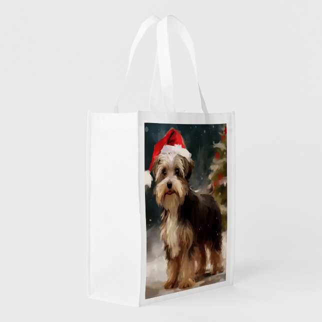 Biewer Terrier Dog in Snow Christmas  Grocery Bag (Back Side)