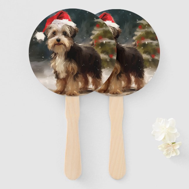 Biewer Terrier Dog in Snow Christmas  Hand Fan (Front and Back)