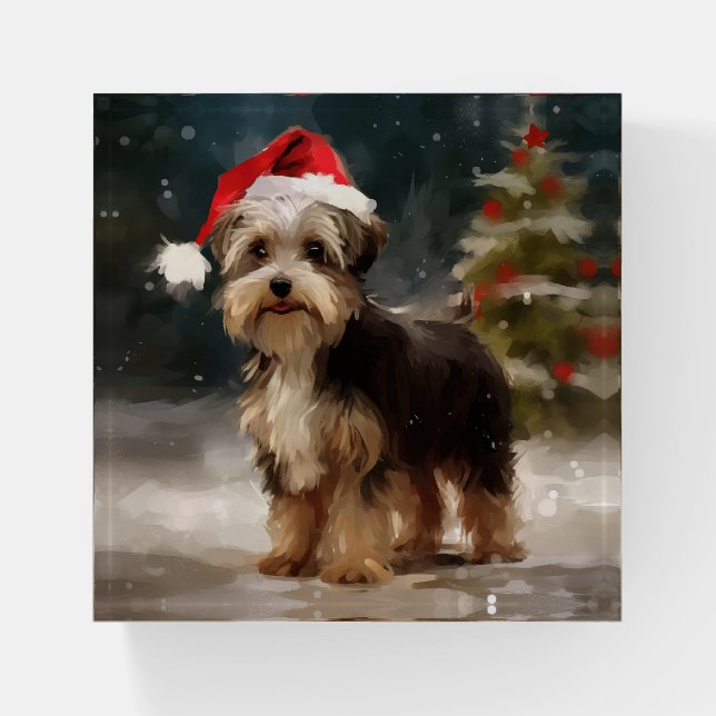 Biewer Terrier Dog in Snow Christmas  Paperweight (Front)