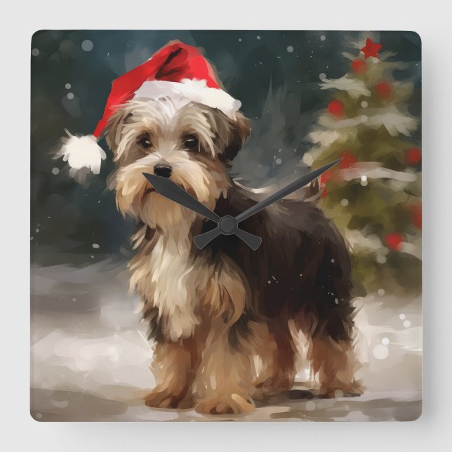 Biewer Terrier Dog in Snow Christmas  Square Wall Clock (Front)