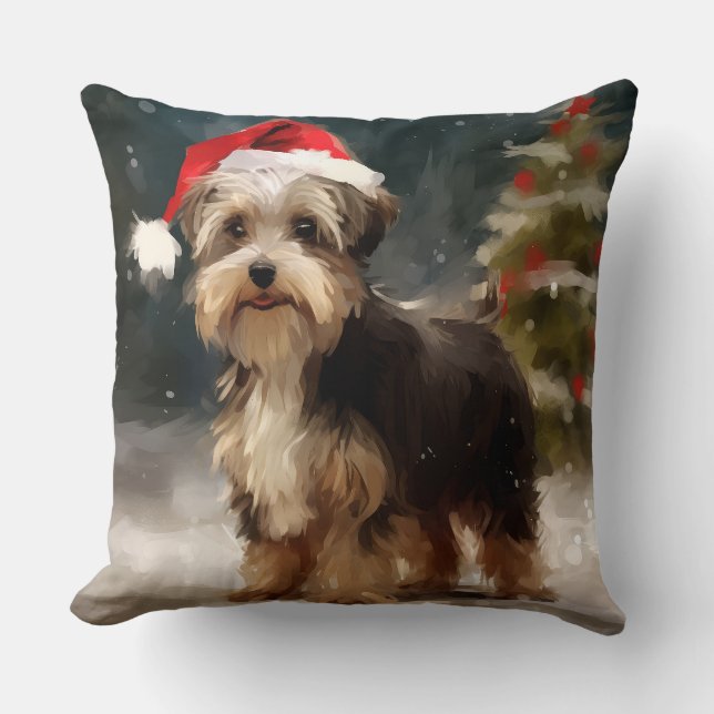Biewer Terrier Dog in Snow Christmas  Throw Pillow (Front)
