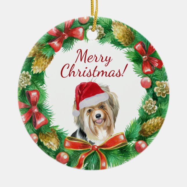 Biewer Terrier Dog Merry Christmas Ceramic Ornament (Front)