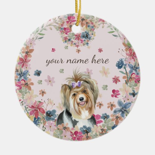 Biewer Terrier Dog Puppy flower print Ceramic Ornament