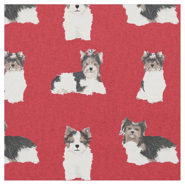Biewer Terrier dog red christmas Fabric (Close Up)