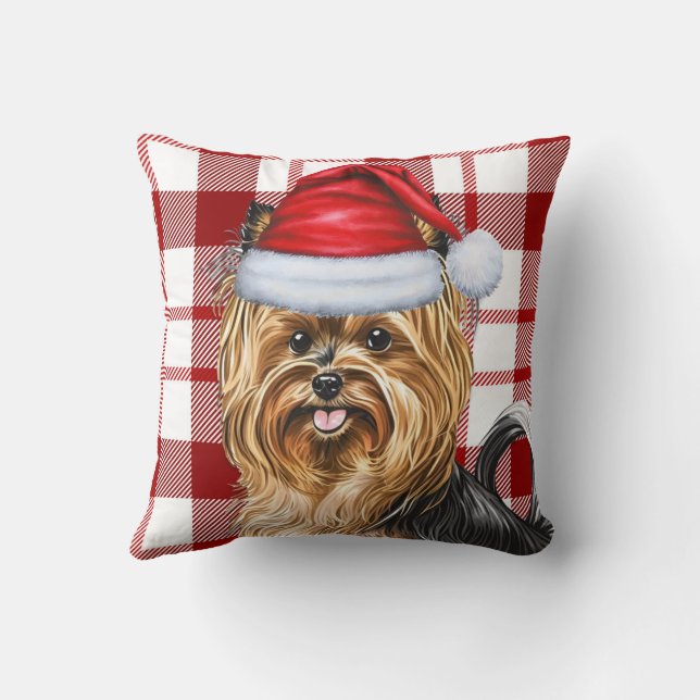 Biewer Terrier Dog Red Holiday Plaid Christmas Throw Pillow (Back)