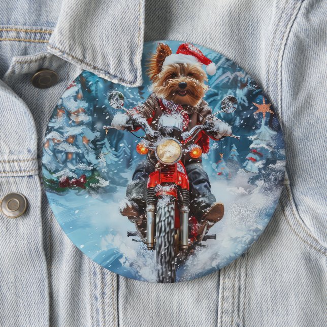 Biewer Terrier Dog Riding Motorcycle Christmas Button (In Situ)