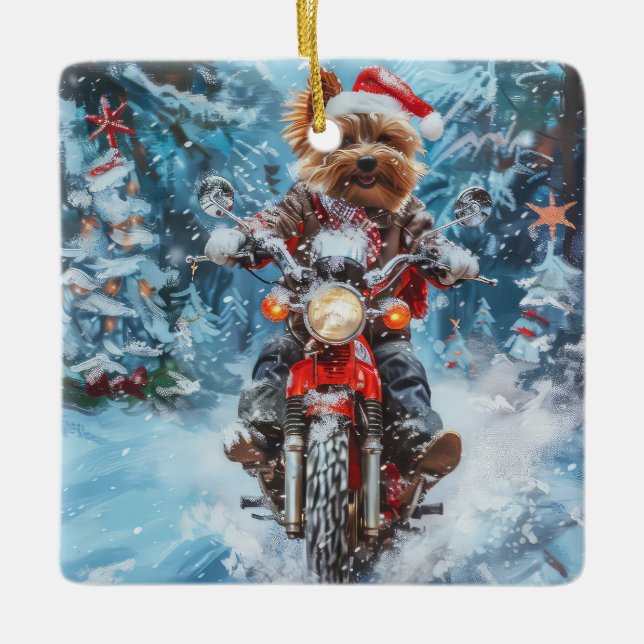 Biewer Terrier Dog Riding Motorcycle Christmas Ceramic Ornament (Front)