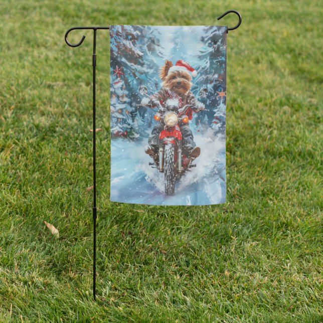 Biewer Terrier Dog Riding Motorcycle Christmas Garden Flag (In SItu)