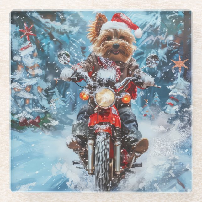 Biewer Terrier Dog Riding Motorcycle Christmas Glass Coaster (Front)