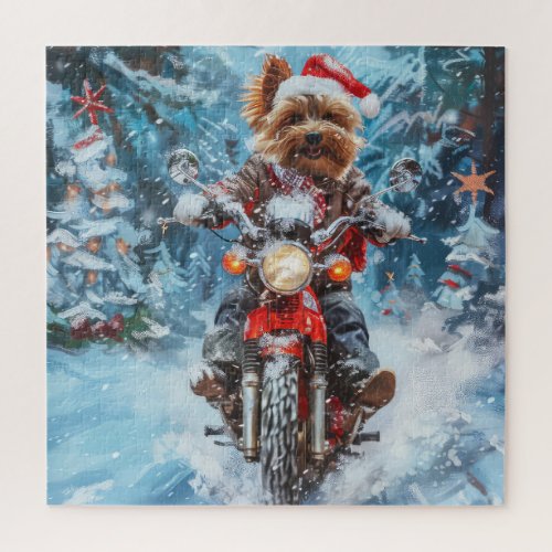 Biewer Terrier Dog Riding Motorcycle Christmas Jigsaw Puzzle