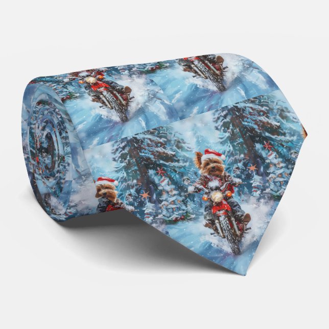 Biewer Terrier Dog Riding Motorcycle Christmas Neck Tie (Rolled)
