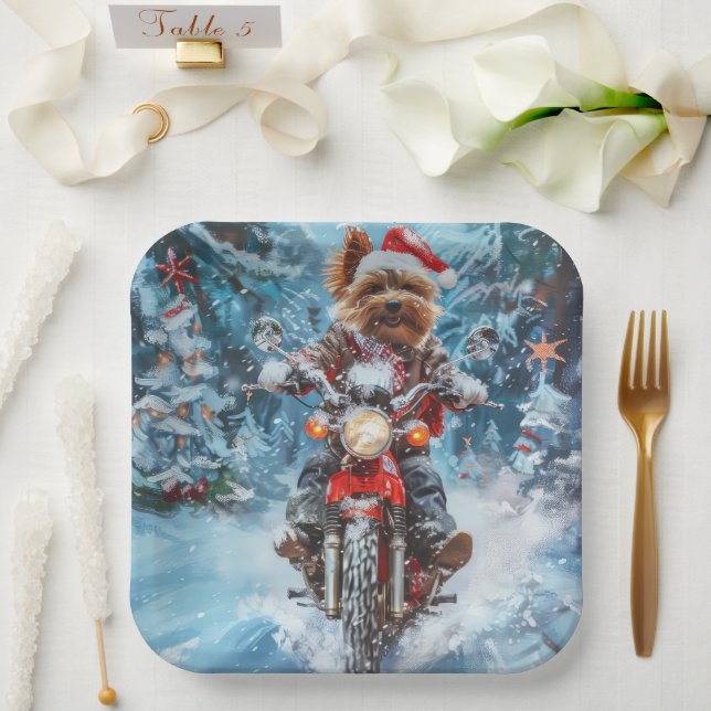 Biewer Terrier Dog Riding Motorcycle Christmas Paper Plates (Wedding)