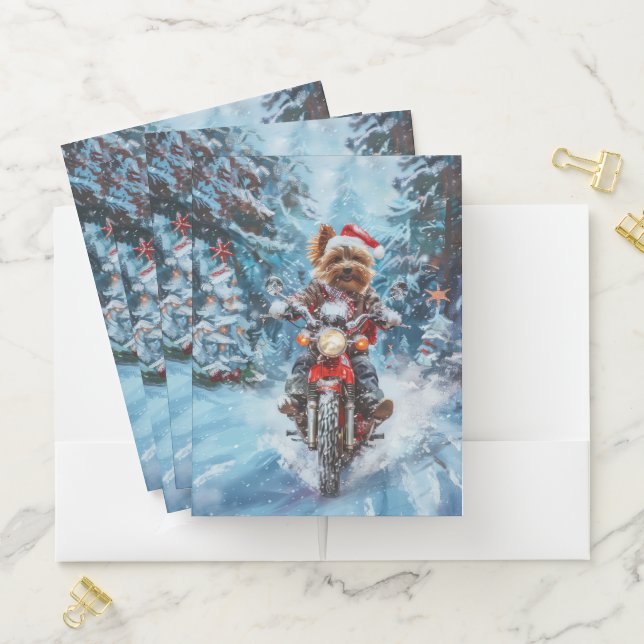 Biewer Terrier Dog Riding Motorcycle Christmas Pocket Folder (In Situ)