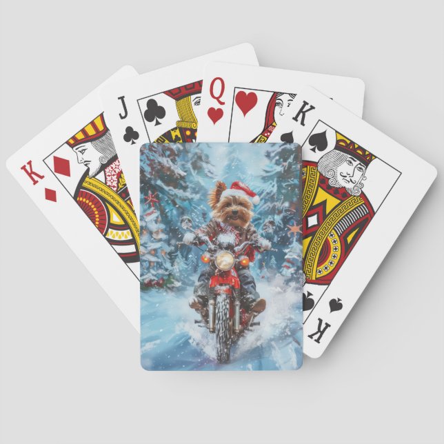Biewer Terrier Dog Riding Motorcycle Christmas Poker Cards (Back)