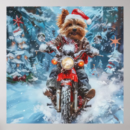 Biewer Terrier Dog Riding Motorcycle Christmas Poster