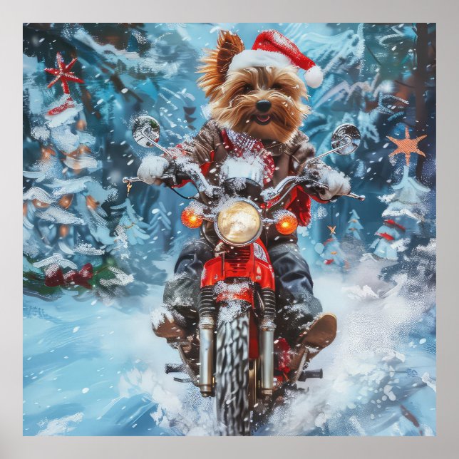 Biewer Terrier Dog Riding Motorcycle Christmas Poster (Front)