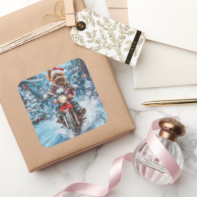 Biewer Terrier Dog Riding Motorcycle Christmas Square Sticker (Gifting)