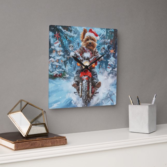 Biewer Terrier Dog Riding Motorcycle Christmas Square Wall Clock (Office)