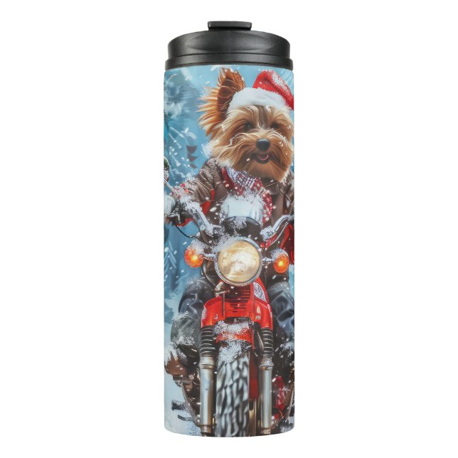 Biewer Terrier Dog Riding Motorcycle Christmas Thermal Tumbler (Front)